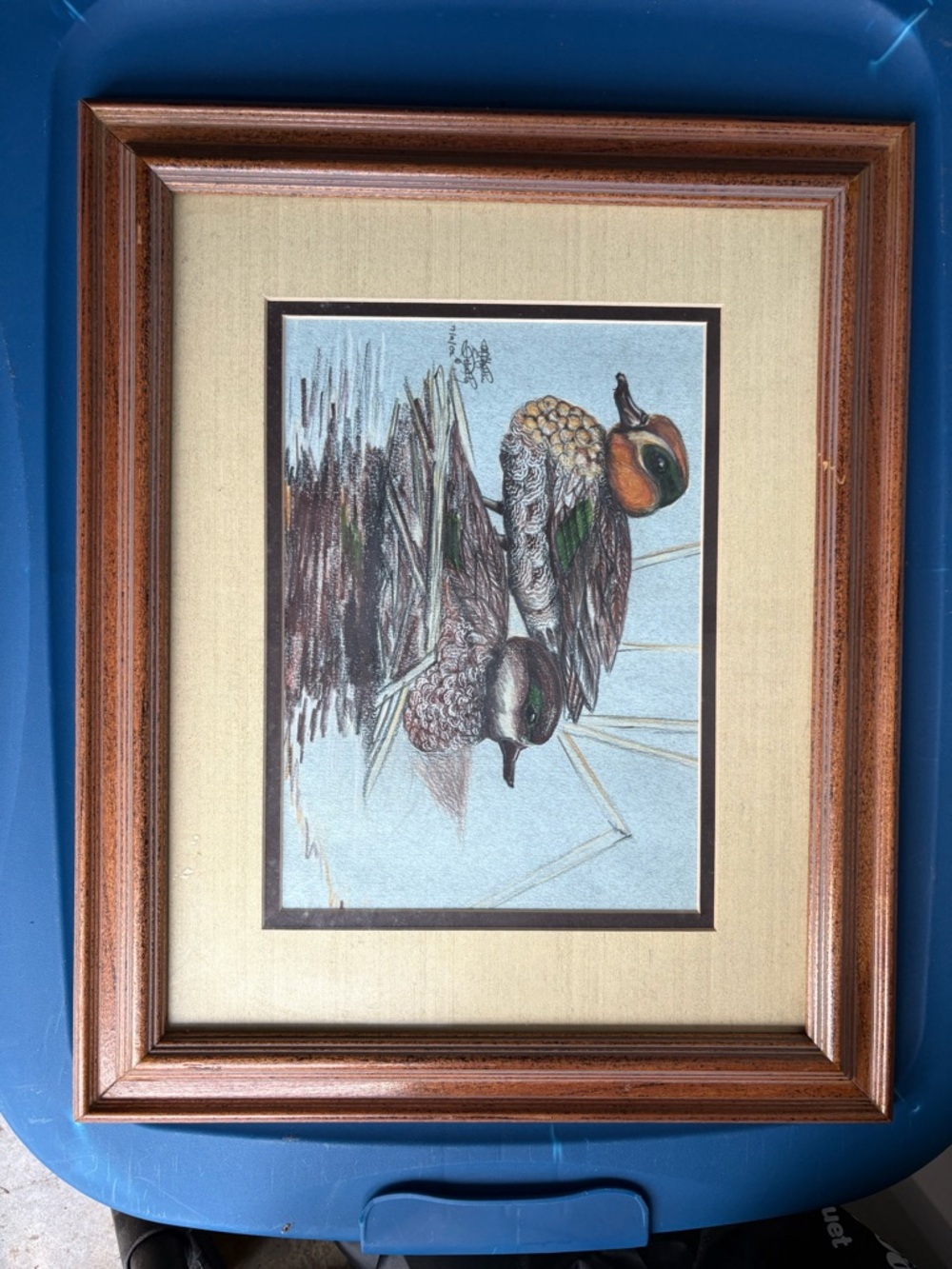 Handmade Framed Duck Waterfowl Art Print in Brown and Cream